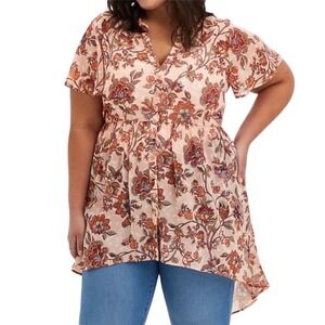 Torrid Babydoll Tunic Top 1X Boho Floral Chiffon Hi Low Flowy Plus Size